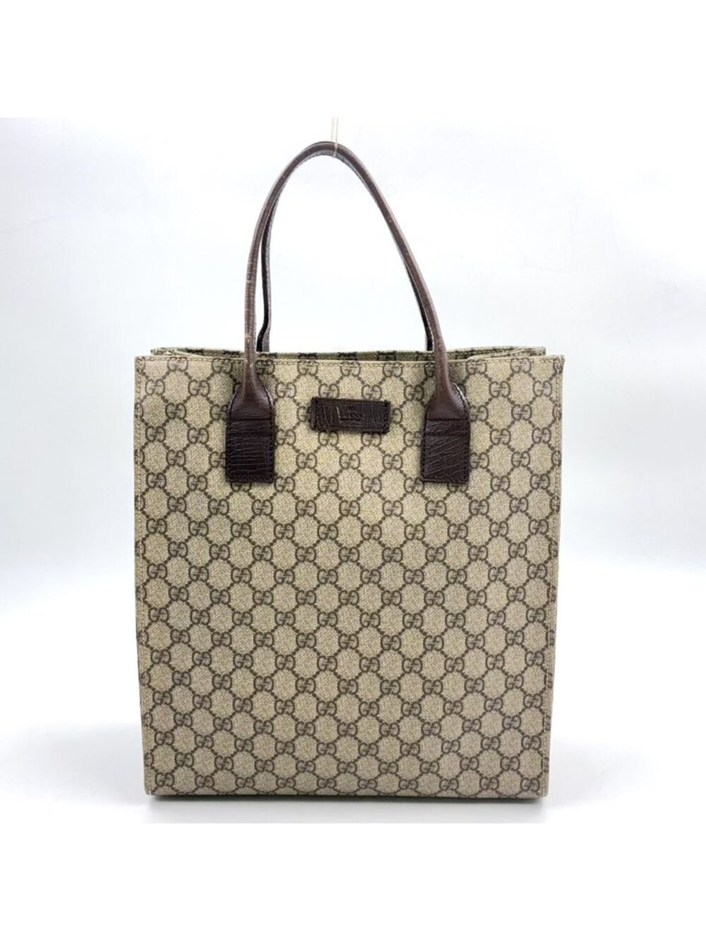 Gucci GG Supreme Leather Dark Brown Beige Tote Bag Silver